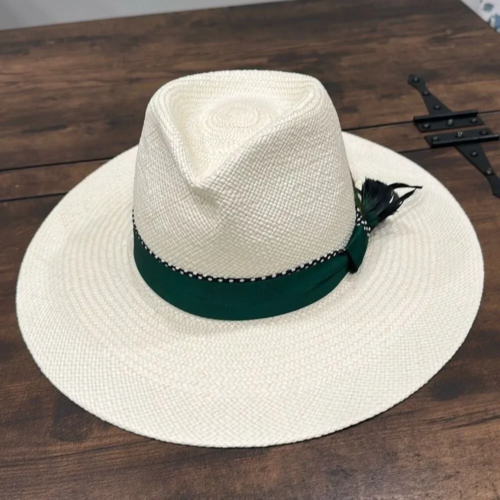NWT B Couture Women's Wide Brim Feather Band Diane Panama Hat White Green 56cm/M